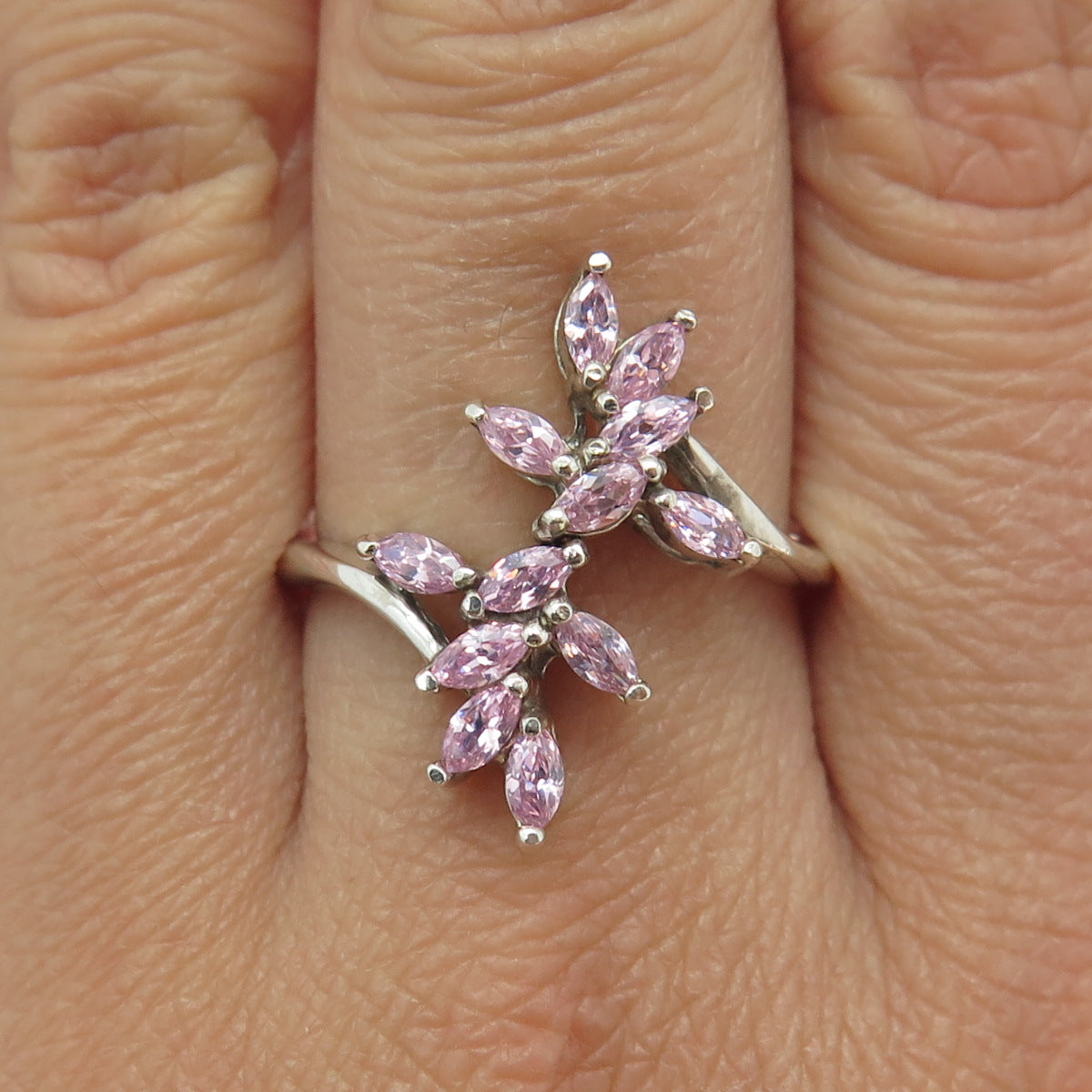 925 Sterling Silver Marquise-Cut Pink C Z Bypass Ring Size 10