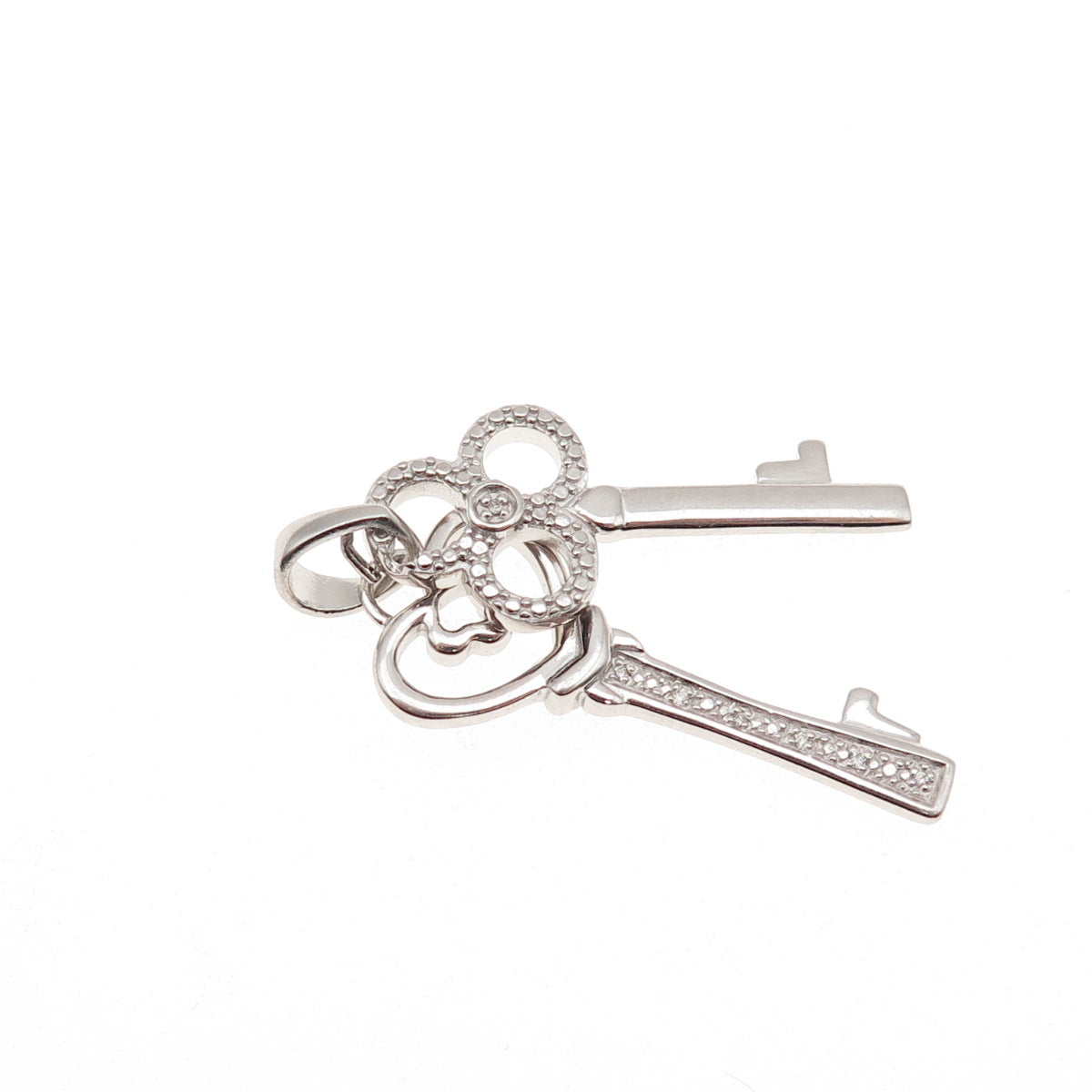 925 Sterling Silver Real Round-Cut Diamond Heart & Club Key Charm Pendant