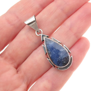 925 Sterling Silver Vintage Mexico Real Sodalite Teardrop Oxidized Charm Pendant