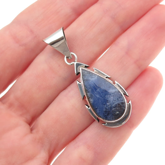 925 Sterling Silver Vintage Mexico Real Sodalite Teardrop Oxidized Charm Pendant