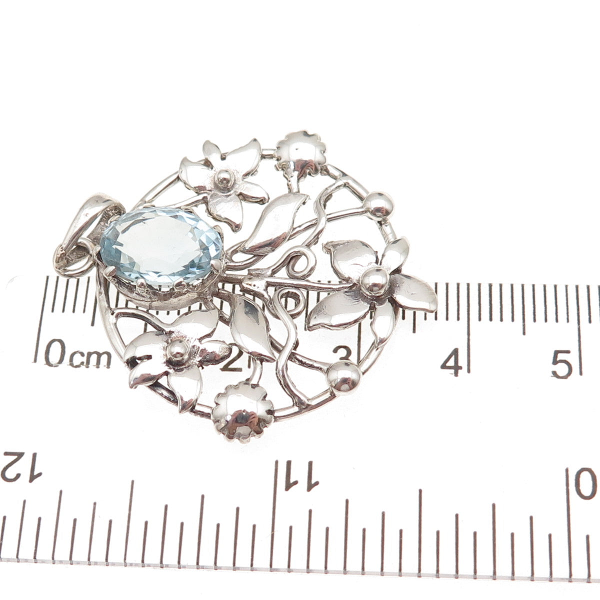 925 Sterling Silver Vintage Real Blue Topaz Floral Oxidized Charm Pendant