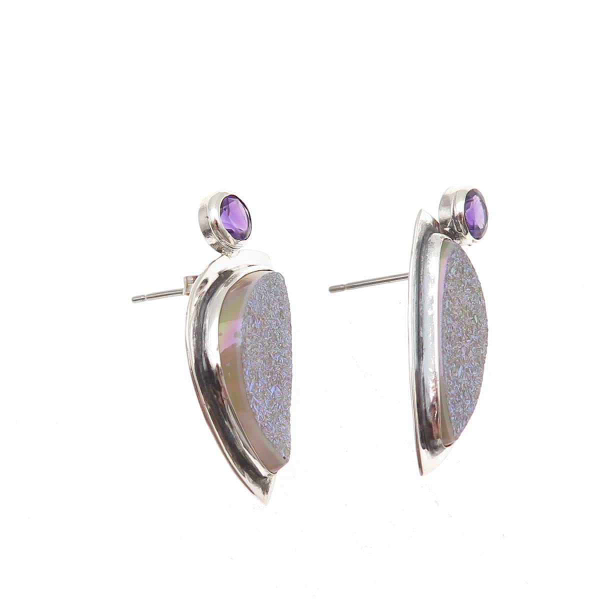 H & BJ Mackie 925 Sterling Silver Vintage Real Druzy Amethyst Modernist Earrings
