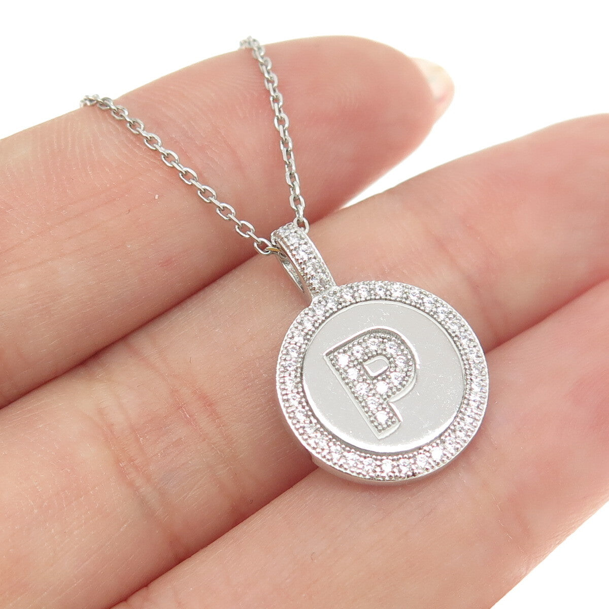 925 Sterling Silver Italy Round-Cut C Z Letter "P" Cable Chain Necklace 16"