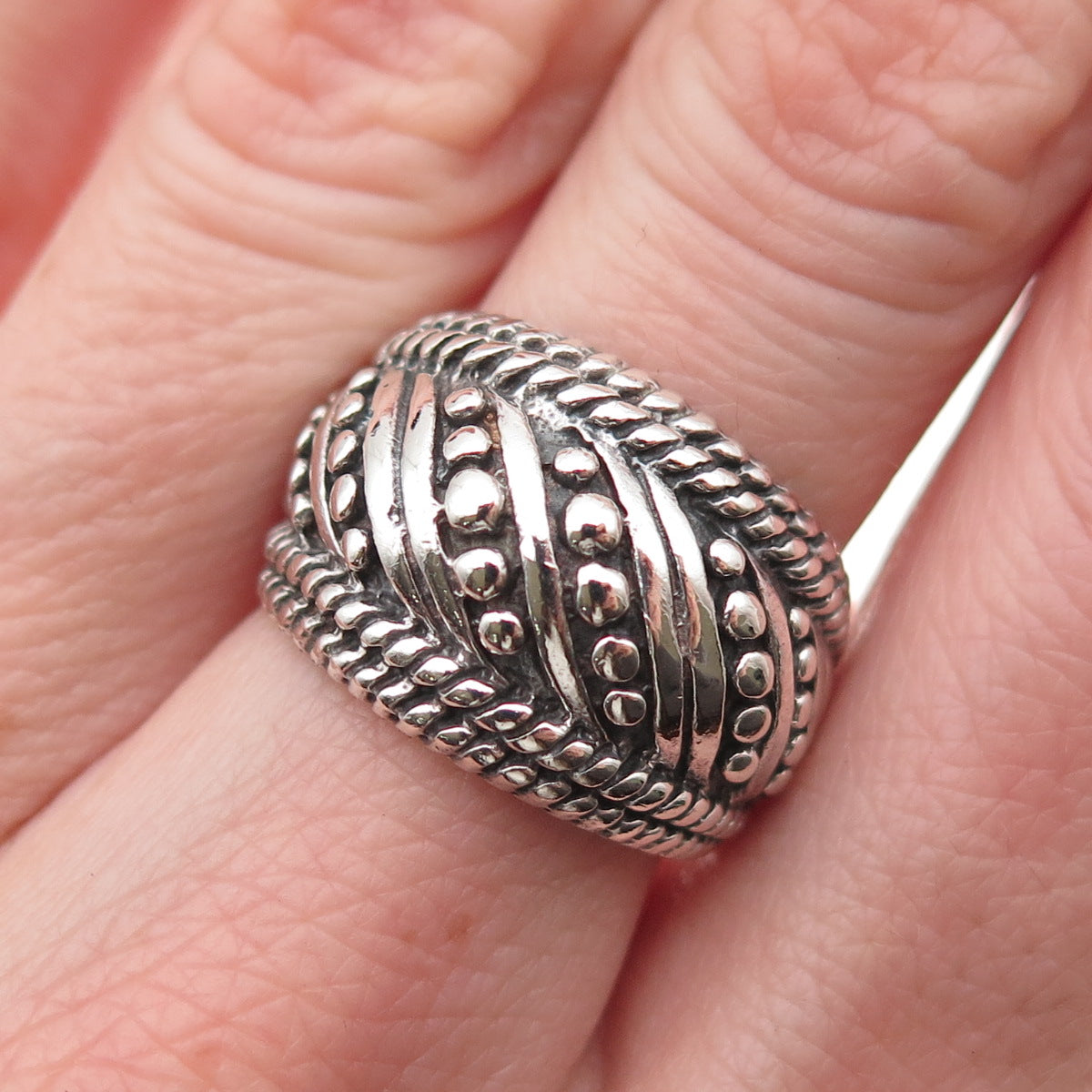 925 Sterling Silver Vintage Modernist Beaded Oxidized Ring Size 7