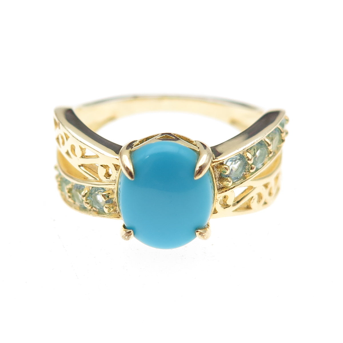 925 Sterling Gold Plated Sleeping Beauty Turquoise & Blue Topaz Ring Size 8.25
