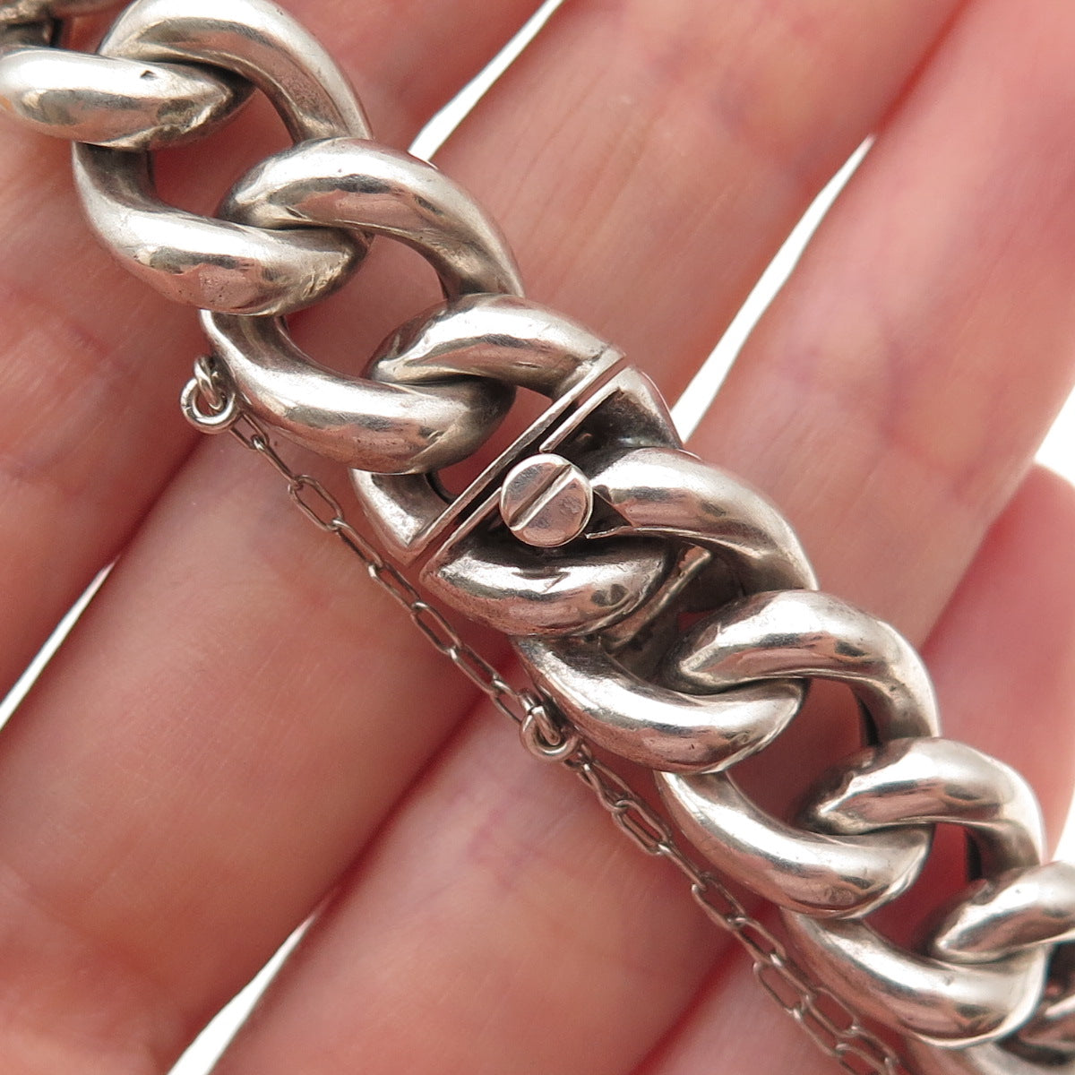 925 Sterling Silver Antique Art Deco Engraved Monogram Cuban Link Bracelet 7.5"