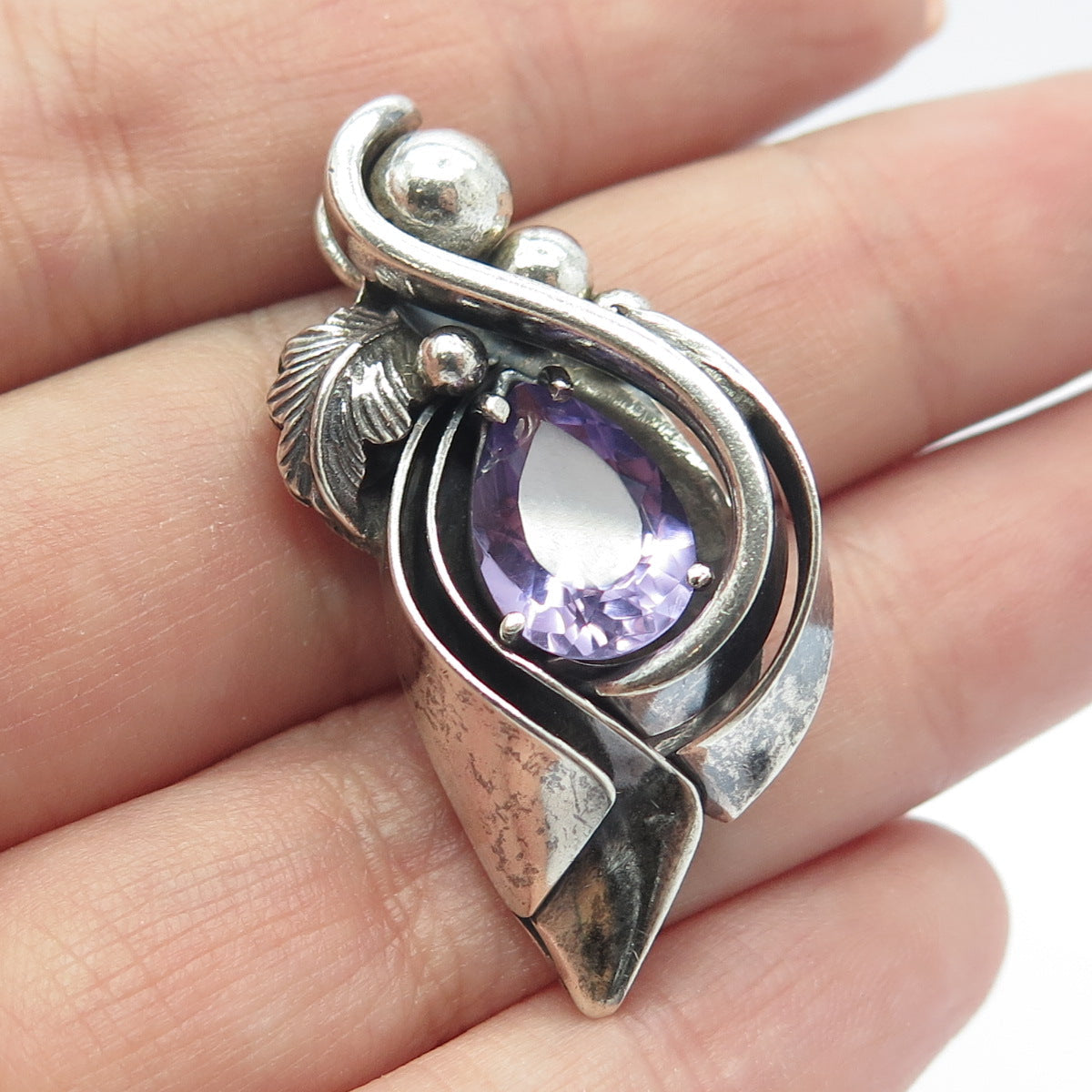 925 Sterling Silver Vintage Real Amethyst Gemstone Leaf Modernist Slide Pendant