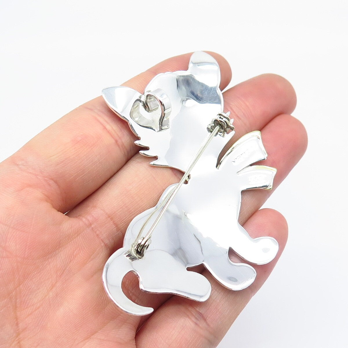 925 Sterling Silver 2-Tone Vintage Mexico Cat / Kitty Pin Brooch