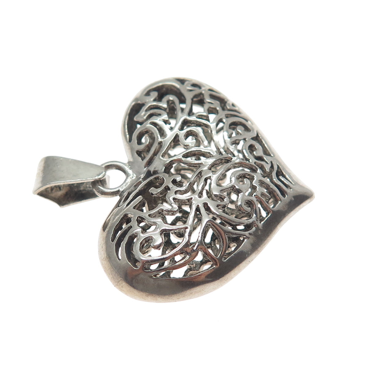 925 Sterling Silver Vintage Modernist Ornate Heart Oxidized Pendant