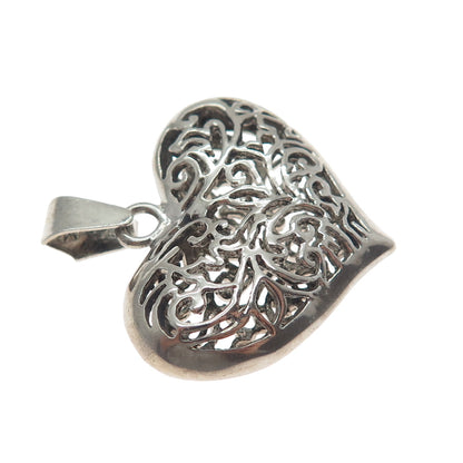 925 Sterling Silver Vintage Modernist Ornate Heart Oxidized Pendant
