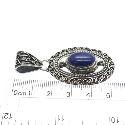 925 Sterling Silver Vintage Real Lapis Lazuli Gemstone Boho Ornate Pendant