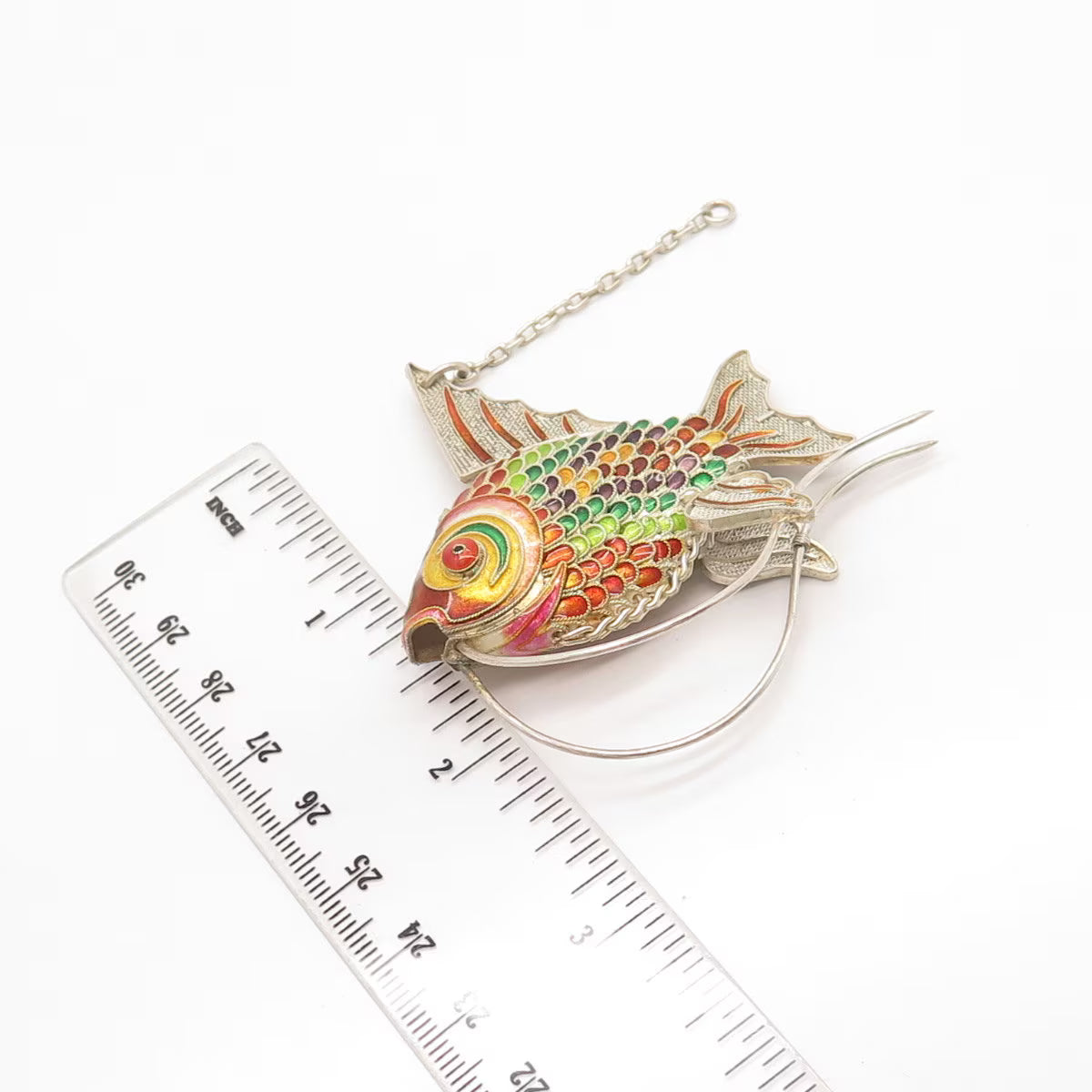 925 Sterling Silver Enamel Antique Articulated Chinese Koi Fish Chatelaine Fob