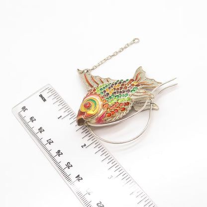 925 Sterling Silver Enamel Antique Articulated Chinese Koi Fish Chatelaine Fob