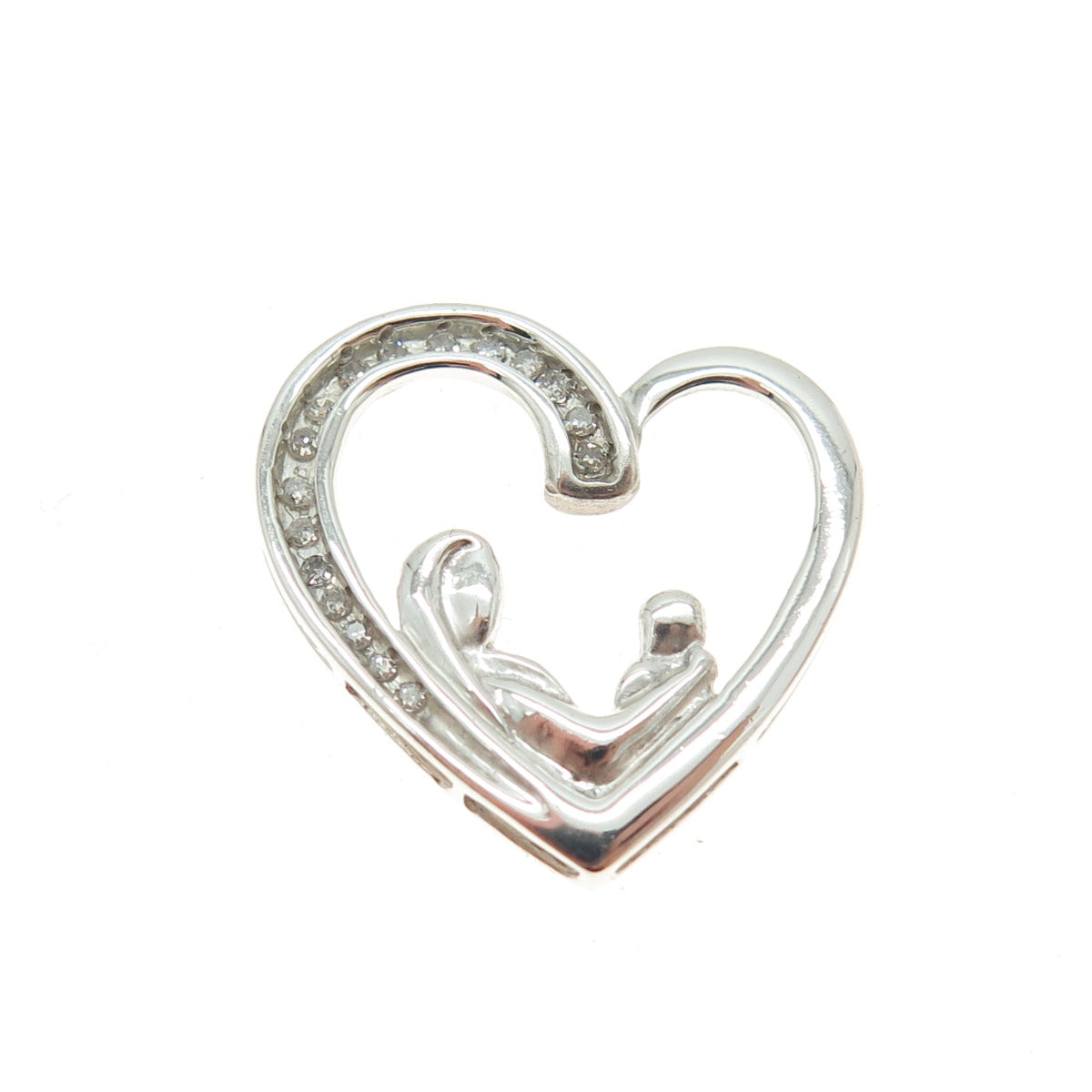 925 Sterling Silver Real Round-Cut Diamond Mom & Child Heart Slide Pendant