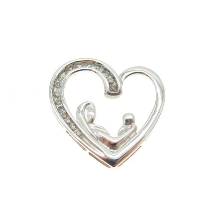 925 Sterling Silver Real Round-Cut Diamond Mom & Child Heart Slide Pendant