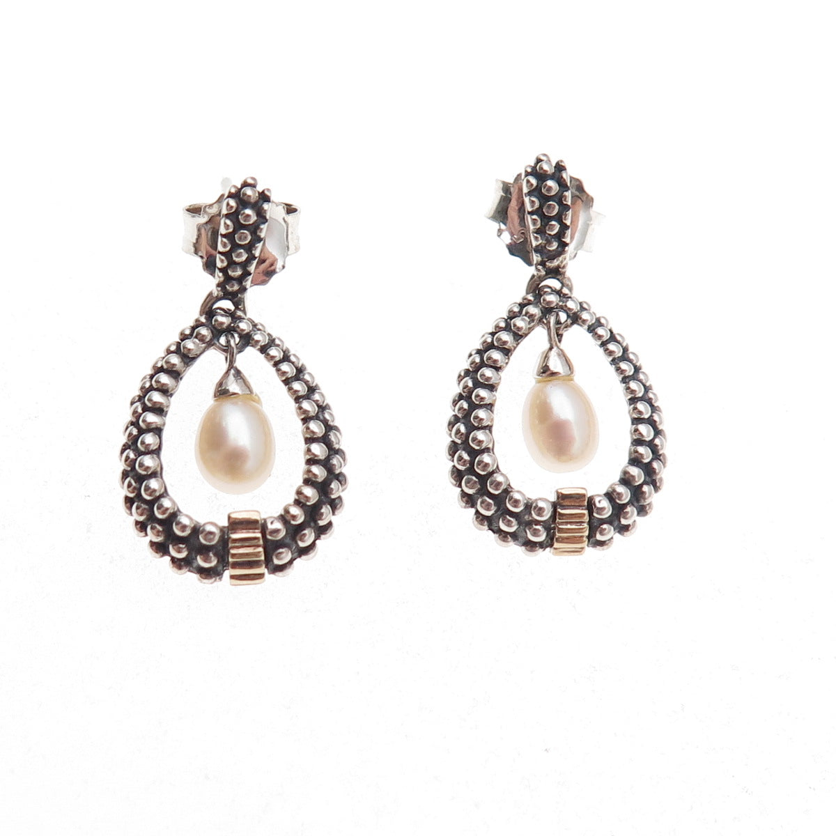 925 Sterling Silver 14K Gold Vintage Real Pearl Dotted Teardrop Dangle Earrings