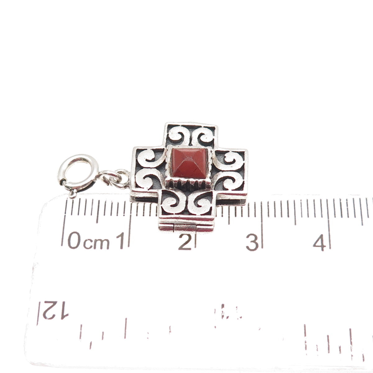 925 Sterling Vintage Real Red Jasper Cross Spring Ring Lock Locket Charm Pendant