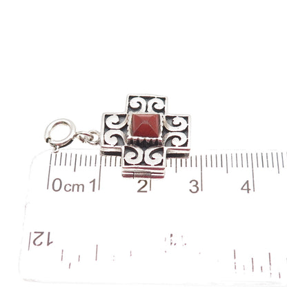 925 Sterling Vintage Real Red Jasper Cross Spring Ring Lock Locket Charm Pendant