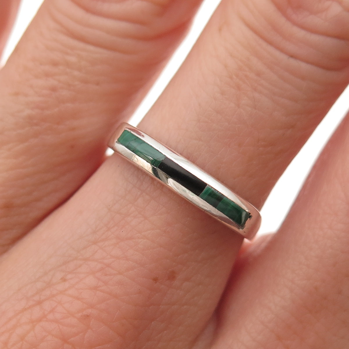 Old Pawn 925 Sterling Silver Vintage Black Onyx & Malachite Tribal Ring Size 7
