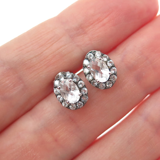 925 Sterling Silver Real Oval-Cut White Topaz & Round-Cut C Z Stud Earrings