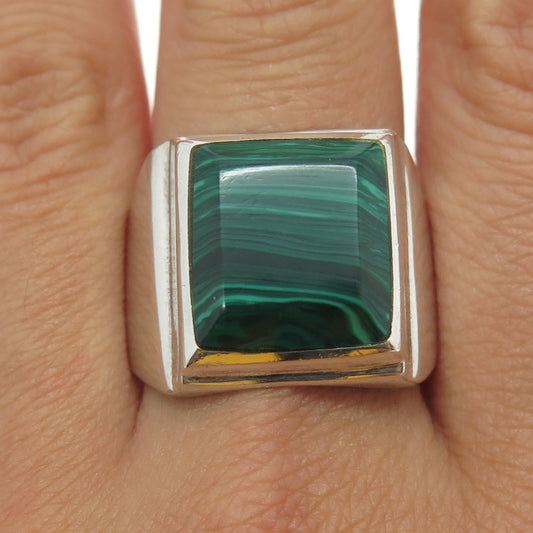 925 Sterling Silver Vintage Mexico Real Malachite Gemstone Ring Size 11.25