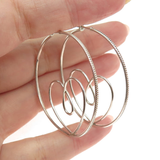 925 Sterling Silver Vintage Open Heart Hinged Hoop Earrings