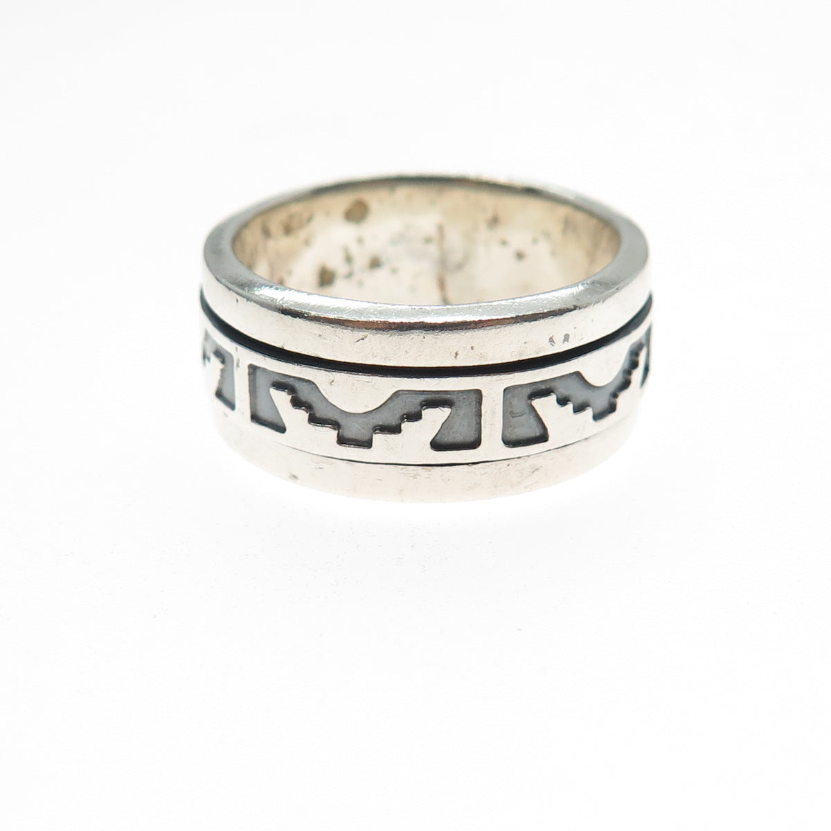 925 Sterling Silver Vintage Aztec Rotating Band Oxidized Ring Size 9.25