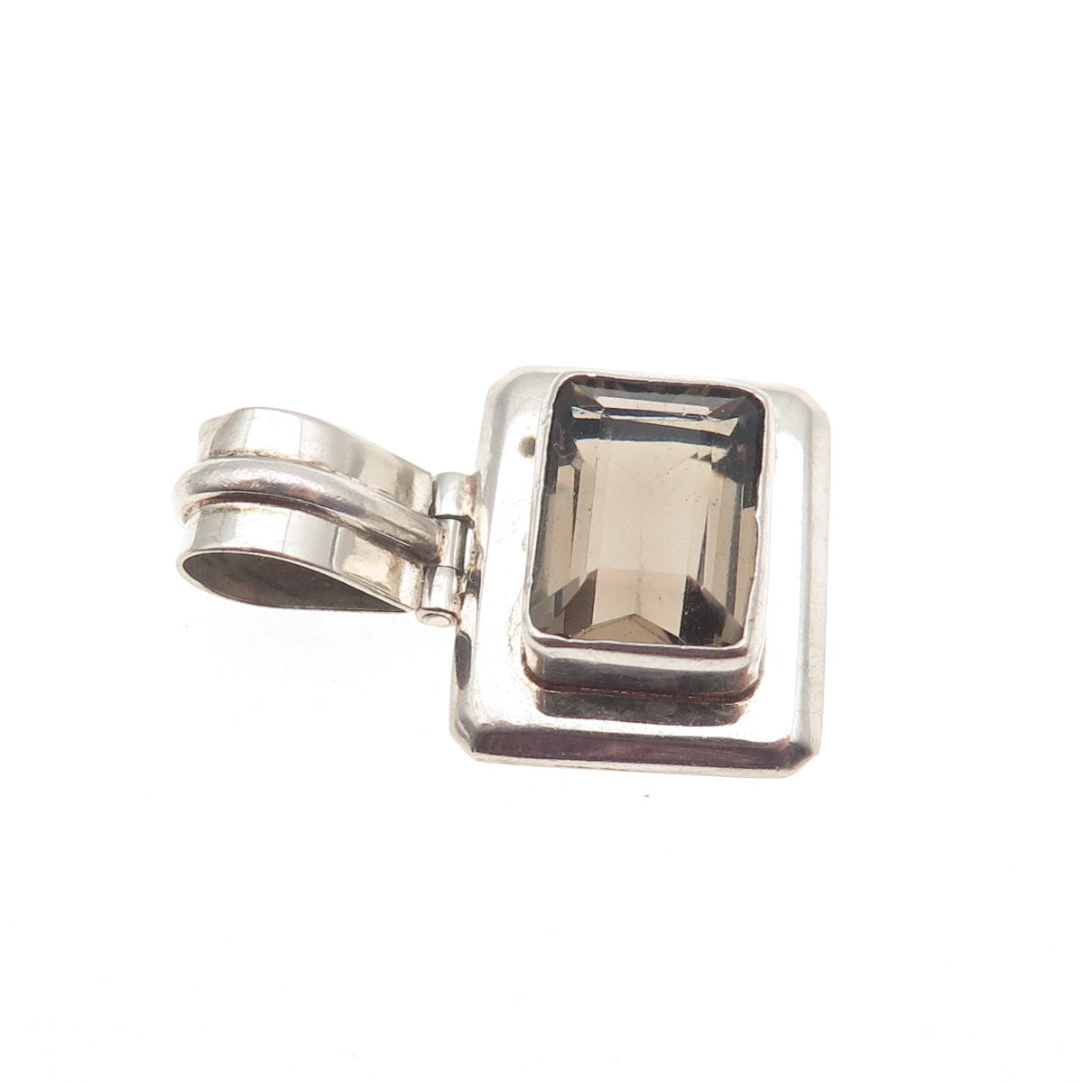 925 Sterling Silver Vintage Real Emerald-Cut Smoky Quartz Charm Pendant