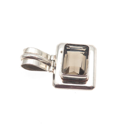 925 Sterling Silver Vintage Real Emerald-Cut Smoky Quartz Charm Pendant