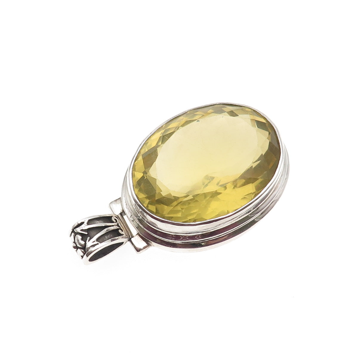 925 Sterling Silver Vintage Real Oval-Cut Lemon Quartz Oxidized Pendant