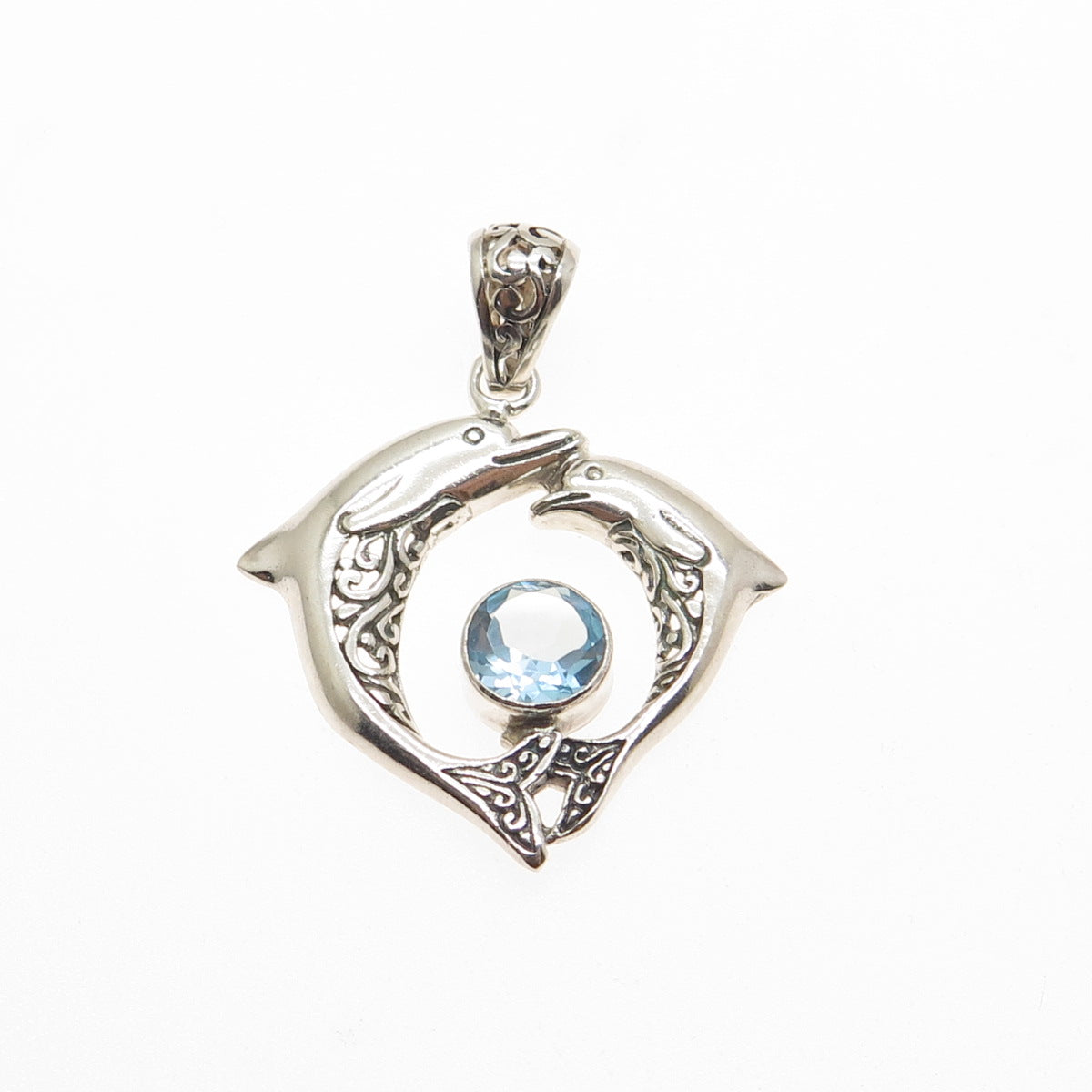 925 Sterling Silver Vintage Real Blue Topaz Mom & Child Dolphin Charm Pendant