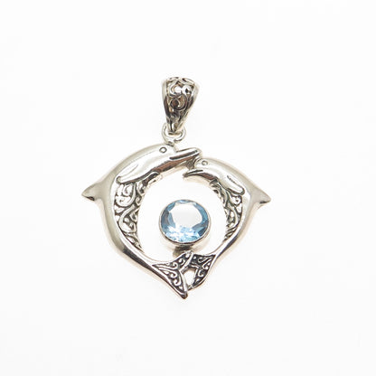925 Sterling Silver Vintage Real Blue Topaz Mom & Child Dolphin Charm Pendant