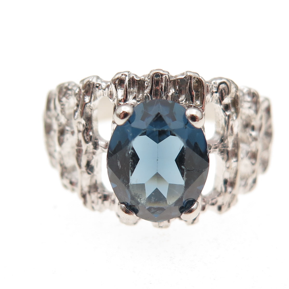 925 Sterling Silver Vintage Oval-Cut Blue Glass Modernist Ring Size 9.75