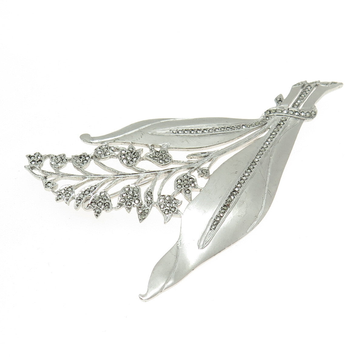925 Sterling Silver Antique Art Deco PRK Real Marcasite Flower Pin Brooch