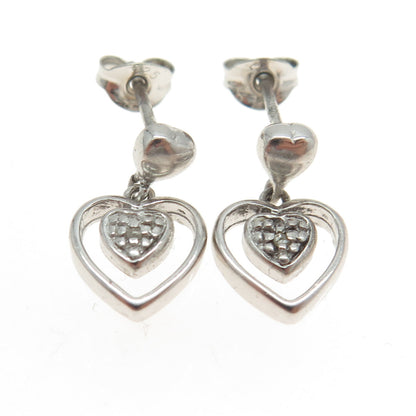 925 Sterling Silver Real Round-Cut Diamond Heart Dangling Earrings