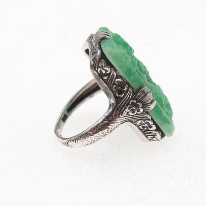 925 Sterling Silver Antique Art Deco Real Carved Jade Floral Ring Size 5
