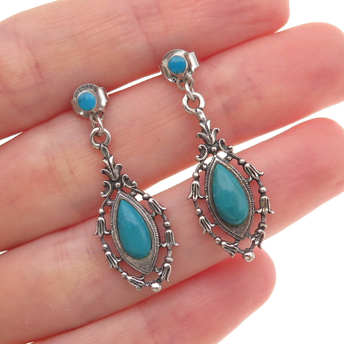 925 Sterling Silver Vintage Real Turquoise Floral Oxidized Dangle Earrings
