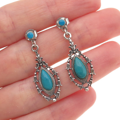 925 Sterling Silver Vintage Real Turquoise Floral Oxidized Dangle Earrings