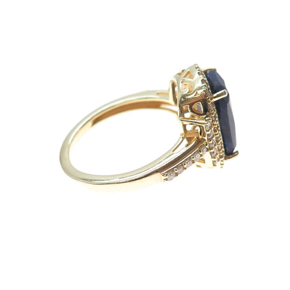 DSMK 925 Sterling Silver Gold Plated Real Diamond & Sapphire Ring Size 9.25