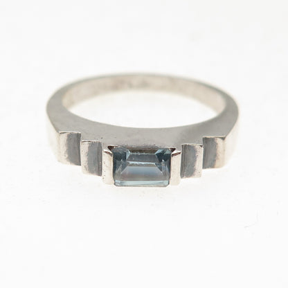 925 Sterling Silver Vintage Real Blue Topaz Oxidized Band Ring Size 8