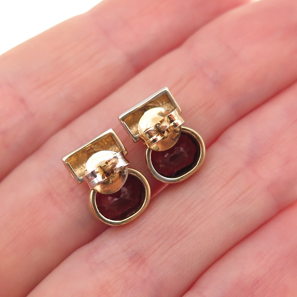 925 Sterling Silver 2-Tone Vintage Real Red Garnet & C Z Modernist Stud Earrings