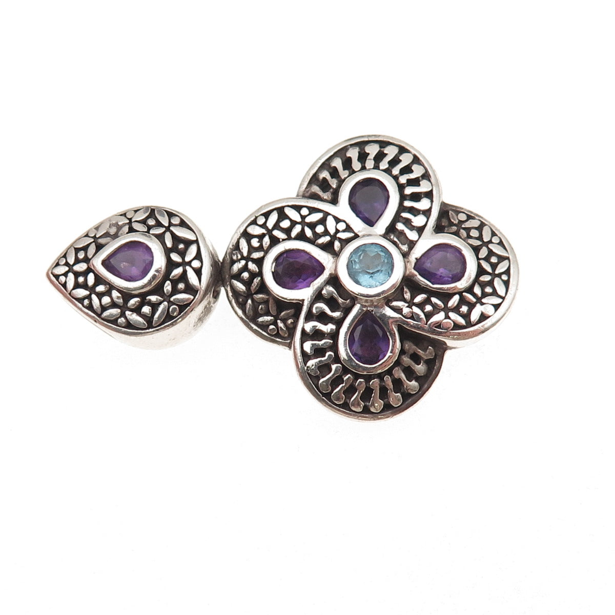 CNA Pranda 925 Sterling Vintage Real Amethyst & Blue Topaz Floral Slide Pendant
