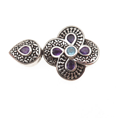 CNA Pranda 925 Sterling Vintage Real Amethyst & Blue Topaz Floral Slide Pendant