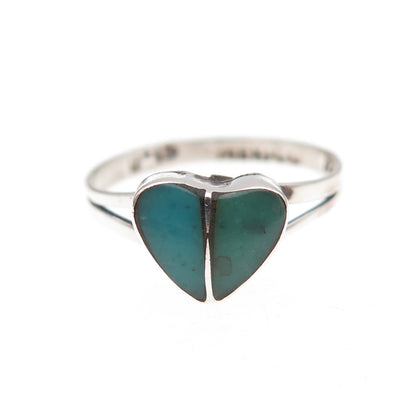 925 Sterling Silver Vintage Mexico Real Turquoise Heart Oxidized Ring Size 6.75