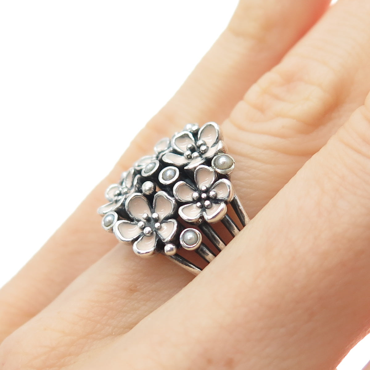 PANDORA 925 Sterling Silver Enamel Real Pearl Cherry Blossom Ring Size 5.5