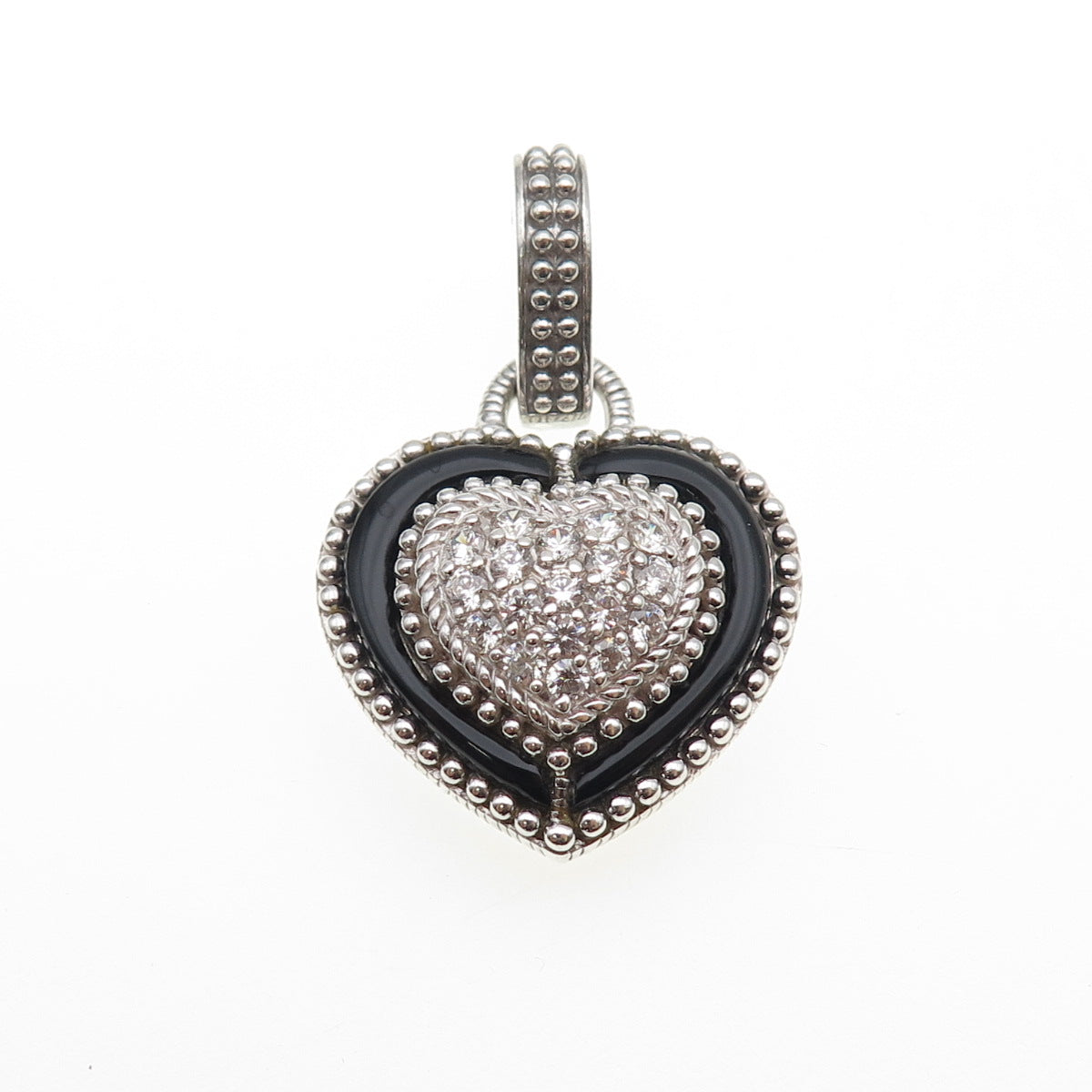 JUDITH RIPKA 925 Sterling Silver Real Black Onyx & C Z Heart Charm Pendant