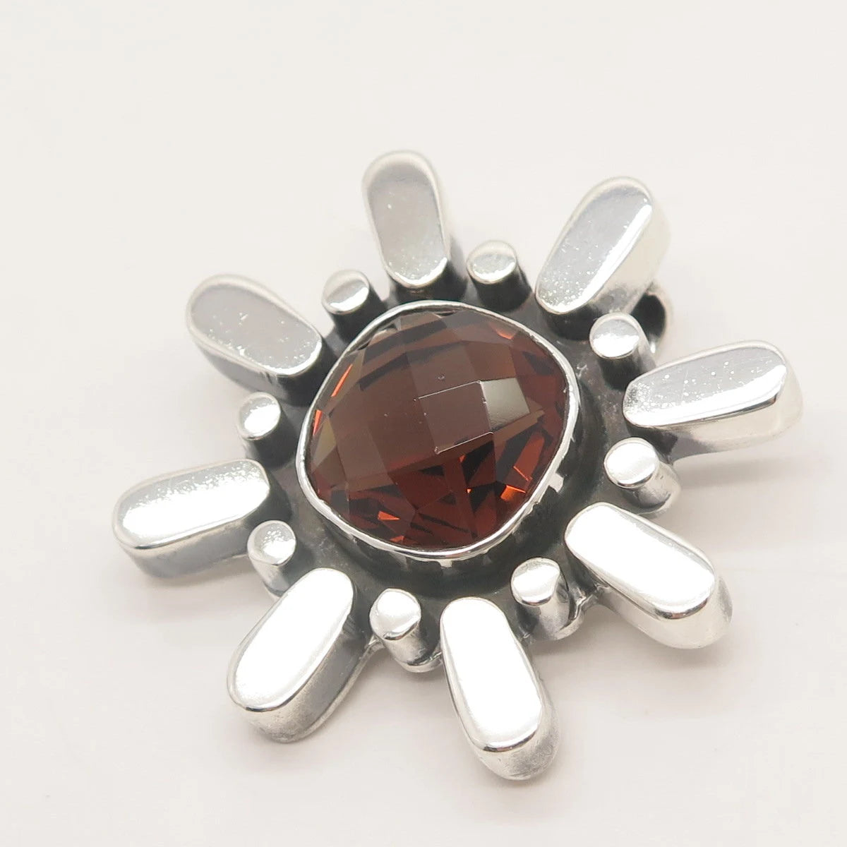 925 Sterling Silver Vintage Real Smoky Quartz Floral Slide Pendant