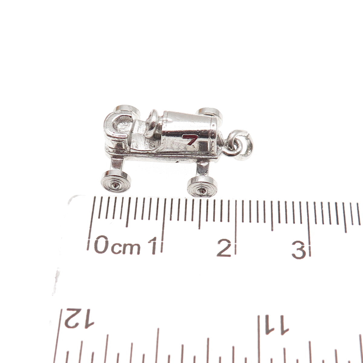 Wells Sterling Silver Vintage Enamel Number 7 Retro Racing Car 3D Mini Pendant
