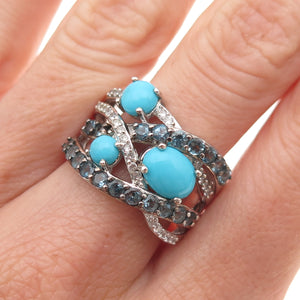 925 Sterling Silver Real Turquoise London Blue & White Topaz Ring Size 8.25