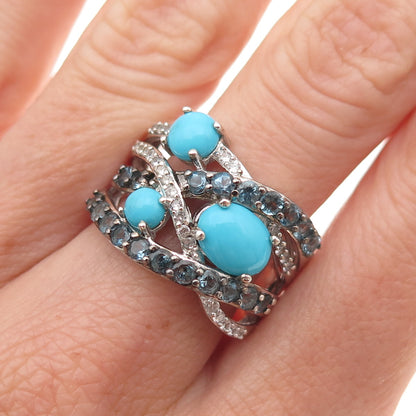925 Sterling Silver Real Turquoise London Blue & White Topaz Ring Size 8.25